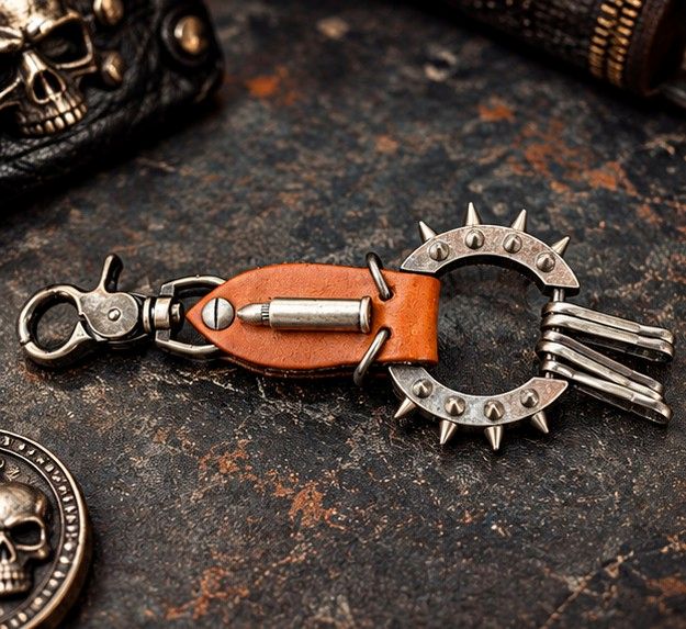 Porte-Clés Biker Cuir & Acier Inoxydable - Spike Bullet