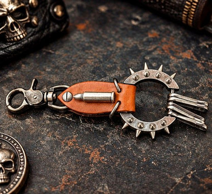 Porte-Clés Biker Cuir & Acier Inoxydable - Spike Bullet