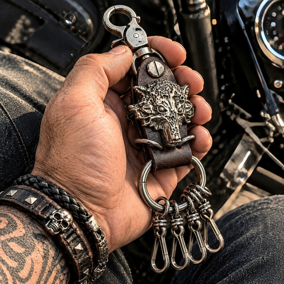 Porte-Clés Biker Cuir & Acier Inoxydable - Loup Sauvage