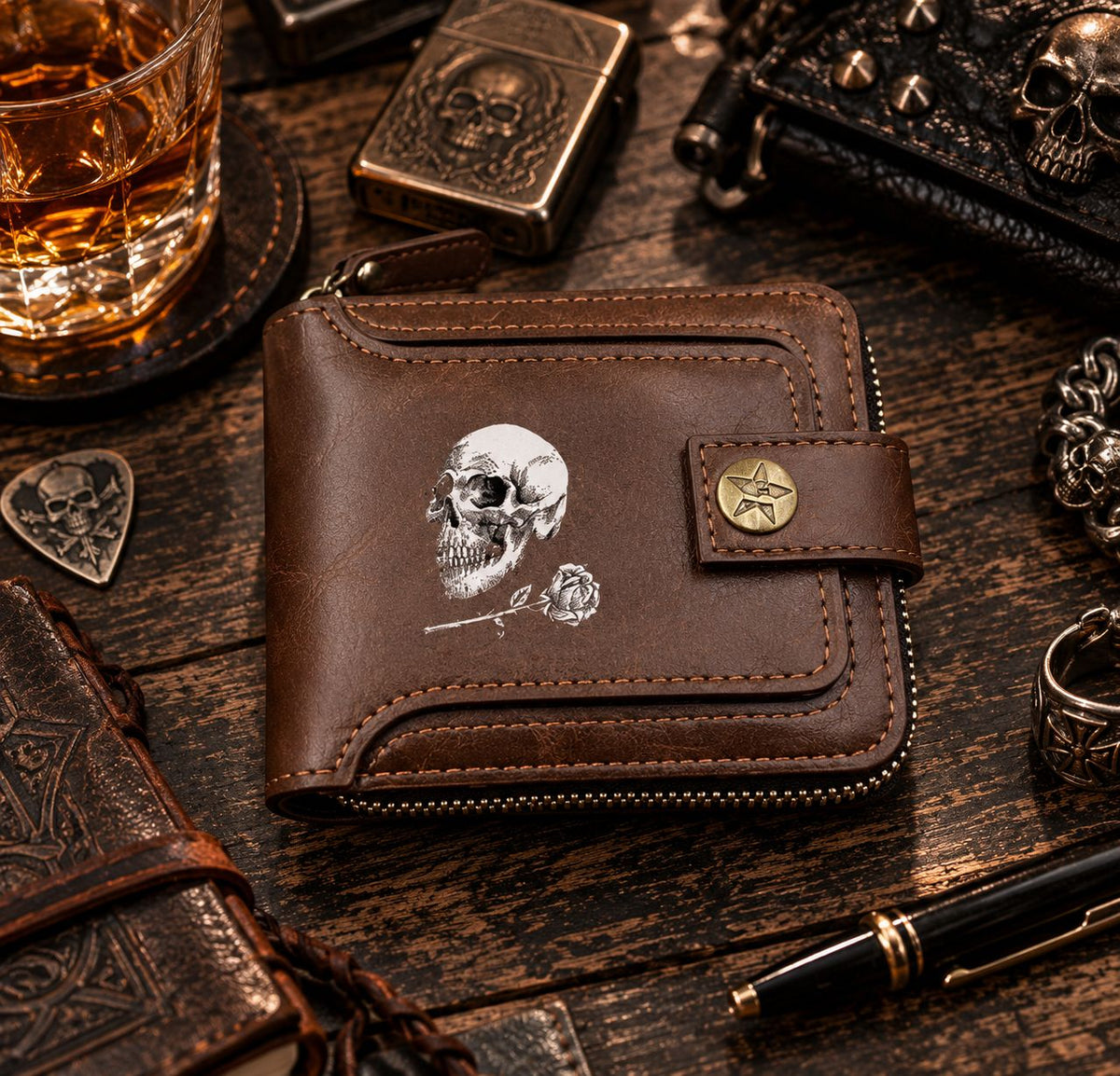 Portefeuille Vintage Biker - Skull & Rose