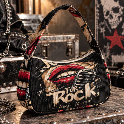 Sac à Main Rock Femme en Tissu Côtelé – Motif Guitare