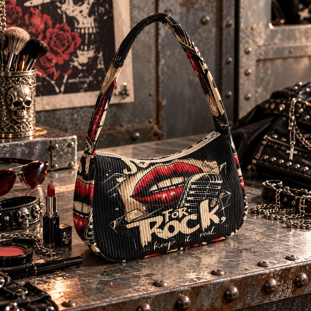 Sac à Main Rock Femme en Tissu Côtelé – Motif Guitare