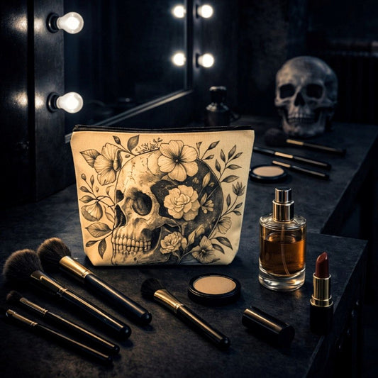 Trousse cosmétique en lin skull fleurie
